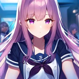 Clear Focus, High resolution, pink long hair that is parted beatifuly, purple eyes, Wearing a sailor uniform, epic battle scene, dark