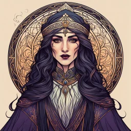 create an ethereal, darkly magical art nouveau illustration of an epic aged female Andalusian sorceress with highly detailed and deeply cut facial features, in the style of CHARLES RENNIE MACKINTOSH, combined with searing lines and forceful strokes, precisely drawn, boldly inked, and darkly colored