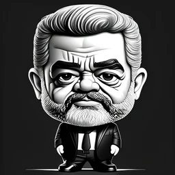 Caricatura chibi de Luis Ignacio Lula da Silva presidente de Brasil, serio, calidad ultra, hiperdetallado, color blanco, y negro, increíble obra de arte, formas y líneas estilizadas, full body