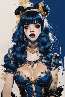 Poster in two gradually, a one side malevolent goth vampire girl face and other side the Singer Melanie Martinez face, full body, sit pose, painting by Yoji Shinkawa, darkblue and gold tones,