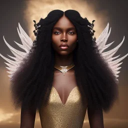 princess, A black woman with long hair, fantasy setting, ethereal, soft lighting, angel wings, porcelain