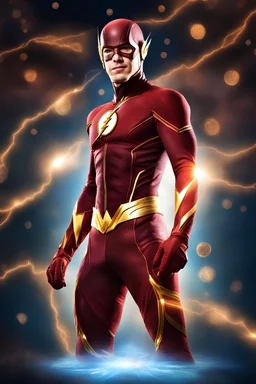 Grant Gustin as The Flash with gold boots - 3D bubbles, 3D hearts, multicolored lightning, aurora borealis, UFOs, Devil's Tower, fireflies, professional quality digital photograph, happy time