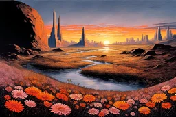 Beautiful epic sunset, logan's run 1976 movie influence, cosmic, people, rocks, river, flowers, very epic and philosophic, otto pippel impressionism paintings