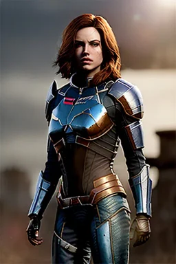 ultrarealistic, ruined city,__skimpy mass effect armor__, no star, __angles__, 18 year old woman, strikingly beautiful,ginger hair, _colour_, [__starlets__|__starlets__], (pale __skincolor__ skin:1.2), __camera__, _hair_, detailed face and eyes, medium breasts, sci-fi theme, freckles, dynamic pose, resolved expression, __accessory__, strappy outfit, (straps:1.1), sword in scabbard on left hip, (buckles, buttons, snaps, rings:1.0), haltertop style breastplate, detailed eyes, plump lips