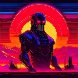 god machine apocalypse in earth, synthwave pistures style, with neon lights and the sun far away