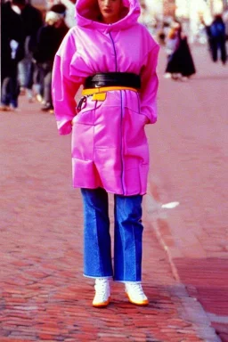 late 1990's women street fashion. Light dress with integrated bags and with new kind of hood with tippet that continues downwards too! reveals belly. recycled denim straight, lilac, plum, orange, terracotta, red, light yellow, lion yellow, pink, dark blue, beige. Pike fish, huge vulgarism, -print. wide belt. Partly latex or leather. Kylie Monologue, Tyre Banks. Bridget Jones, Missy Elliot,Jennifer Lopez.Karjalainen kuvio,Karjala pattern tradition