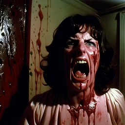 Strong texture, photorealism, Caravaggio. Italian interior. Surreal, eerily mysterious, pastel colors. Italian horror, Dario Argento. Humid. People screaming. Movie shot, splatter horror. 1970's Italian art. 33mm photography