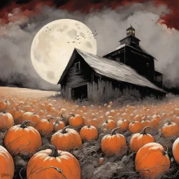 Sinister Pumpkin Bogomil cryptids climbing over a barn, by Otto Rapp, by Jeremy Mann, harvest moon, expansive color illustration surreal horror masterpiece; dramatic; stygian cornfield farm, deep red-black-orange colors.