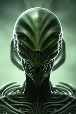 alien, head, evil,green eyes, weapons, blood, 8k, finely detailed, photo realistic, HR Giger style