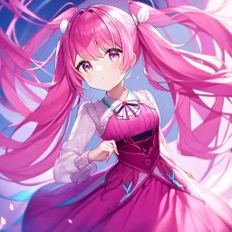 girl, masterpiece, best quality, cinematic lighting, detailed outfit, perfect eyes, long hair, pink hair, twin tail, pink eyes, vibrant colors, pink outfit,