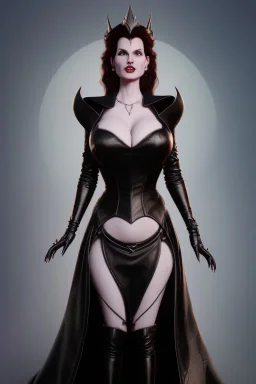 Geena Davis as evil queen in black leather gown, evil, busty, cleavage, curvy, angry, stern look. character design by cory loftis, fenghua zhong, ryohei hase, ismail inceoglu and ruan jia. unreal engine 5, artistic lighting, highly detailed, photorealistic, fantasy