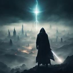 Dark oriental Sinister alien landscape. A futuristic city in the distance. Dark mist. Dark hooded Man with The powers of a god. He is aiming a glowing wand to the sky.