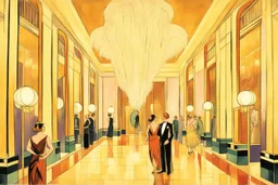 Inside an Art Deco Opera foyer, with mirrors and brass sconces, incandescent, gleaming, people in glittering extravagant costumes with feathers