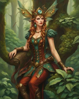 Pintura steampunk de una Reyna elfo en el bosque, coloreada, maximalista, calidad ultra, hiperdetallada, 12k