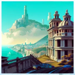 Skyline+city on inslands+Trainstation on cliff+Vignola classicism +palladio+detailed facades+uphill road+trees+genoa+cuba+biopunk+Book illustration by Gediminas Pranckevičius, Jean Baptiste Monge, Brian Kesinger, Anton fadeev, Kilian Eng, strong lines, high contrast vibrant colors, highly detailed, 16k resolution, trending on behance