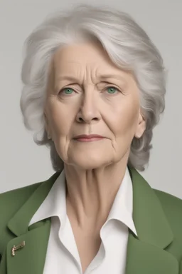 Portrait of an 69 year old republican female president from Alaska. She has grey hair and green eyes. She looks exhausted