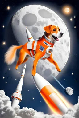 white and orange dog flies to the moon top of the a rocket