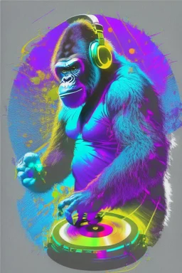 action shot of a Gorilla with headphone mixing music with Dj controller , DMT art, blacklight, tshirt vector, enclosed in a circle, sunshine, contour, white background