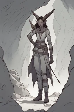 A DnD character. A female horned Tiefling ranger with pointy ears standing in a cave. The Tiefling has curly hair and a little pterosaurs on her shoulder.