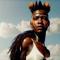 A beautiful portrait of a cyberpunk cyborg black tribal woman with lot's of grain on her skin and big tribal tatoos all over the skin, with natural hair floating in the wind cyborg smiling facing camera orange color scheme, high key lighting, volumetric light high details with white stripes and feathers unreal 5, octane render, cinema4d, dynamic lighting, dramatic lighting, 4k, redshift render, highly detailed, hyper realistic