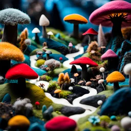 Close-up photograph of a landscape made of felt, people, rock formations, animals, fungi, crystals, mineral concretions, extreme detail, intricate, colours, Tim Burton, Harry Potter, sinister scribbles, sparkles, bokeh