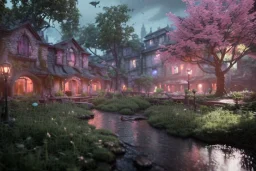 Immersive​ fantasy elven town in the deep green forest with beautiful flower pink tree