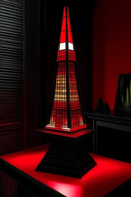 gaming table lamp inspired by shanghai tower buliding architecture futuristic-modern stlye. geometric form, red and black color scheme