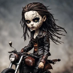 full color, illustration of a dark menacing leather clad motorcycle girl, tall and willowy , as a decayed, broken, crude homemade cloth doll toy, with a cracked porcelain face, thick dark eyebrows, hair made from ragged strips of cloth, in the style of Nadya Sheremet