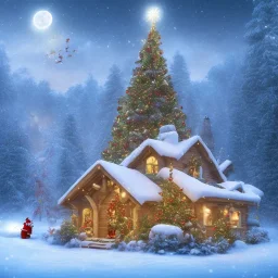 foto realistic winter house with a illuminated christmas tree and santa claus bringing presents in the night