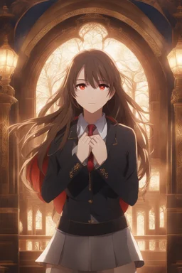 (masterpiece), (anime style), award winning, centered, looking toward camera, long brown hair, confident young woman, red eyes, intricately detailed modern setting, dynamic lighting, dynamic composition, ultra detailed, (epic composition, epic proportion), professional work, wearing casual clothes