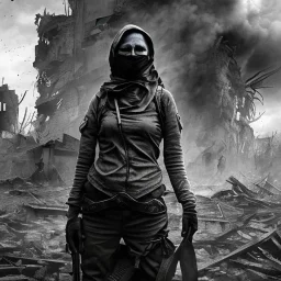 women, faces covered in black masks, ragged clothes, holding flag, war-torn, destroyed city in the background, 8k resolution, hyperrealistic, detailed matte painting, b&w, dynamic lighting, war, anarchy, terrorists