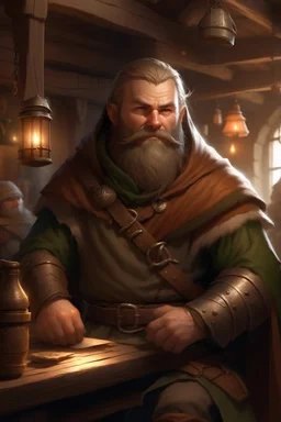 Realistisches Bild von einem DnD Charakters. Männlicher Zwerg mit hellbraunen Haaren. Er ist ein Krieger mit einer Kapuze. Im Hintergrund ist eine Taverne.