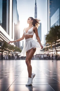 a dance stage in 2090 at a contemporary city center. a beautiful girl dancing at close up