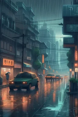 realistic rain lofi city