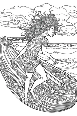 Outline art for coloring page OF THE BACK SIDE OF A HAWAIIAN SURFER WITH BIG CURLY KINKY HAIR WEARING SHORTS RIDING A SURFBOARD ON A WAVE, coloring page, white background, Sketch style, only use outline, clean line art, white background, no shadows, no shading, no color, clear