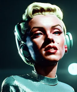 Ultra Realistic retro sci-fi 1960 scene, waist up view portrait, blonde woman, sweet young Marilyn Monroe face, perfect iris, tight latex coat, Strange planet background, Retro sci-fi style helmet, fog, rain, soft color, highly detailed, unreal engine 5, ray tracing, RTX, lumen lighting, ultra detail, volumetric lighting, 3d, finely drawn, high definition, high resolution.