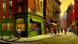 Realistic oil painting of a street corner, capturing the hustle and bustle of city life, vibrant colors, intricate details, by Edward Hopper and John Atkinson Grimshaw, (long shot), natural lighting.