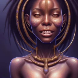 Portrait of black woman, smiling, sango fantasy, fantasy magic, intricate, sharp focus, illustration, lot's of grain on the skin, tribal tatoos,highly detailed, digital painting, concept art, matte, masterpiece, one head, high key lighting, volumetric light high details psychedelic background