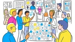 An image that conveys achieving success and skill development. The image depicts a group of individuals gathered in an inspiring teamwork session. They appear engaged in discussion and constructive exchange of ideas. In the background, a screen displays a chart or a conceptual map indicating various goals and pathways. Everyone appears enthusiastic and dedicated to collaborative work and continuous learning. The image reflects collaboration and a focus on achieving success through skill develop