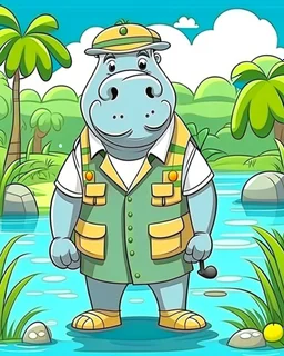 hippo as tourist guide wearing tourist guide uniform, cartoon style, safari landscapebackground, colorful, high quality, high details, realistic