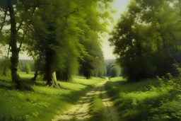 Peder Mork Monsted style, dirt road, from left acacia trees, field on the right brownish green color