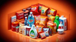 A 3D design of supermarket items such as Coca-Cola, Fanta, mineral water, chocolate, packaged cakes, chips, puffs, Nutella, Rani, candy, shampoo, detergent, soda, and ice cream with an orange, red, and white color theme in a special psychedelic space.