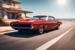 A vintage muscle car, its glossy red paint gleaming in the sunlight as it speeds down a winding coastal road, the ocean breeze whipping through its open windows.
