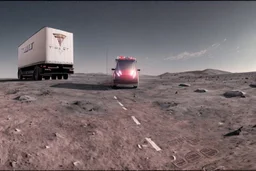 A Tesla 'Semi' (semi truck) is going at a high speed, at the lunar landing site of the 'Apollo 11'. (CINEMATIC, WIDE ANGLE LENS, PHOTO REAL)