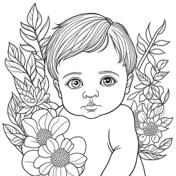 floral, baby, full view, realistic face, coloring page, only draw lines, coloring book, clean line art, –no sketch, color, –ar 3:4, white background, minimalistic black lines, minimal black color, low level black colors, coloring page, avoid thick black colors, thin black line art, avoid colors, perfect shape, perfect clear lines,