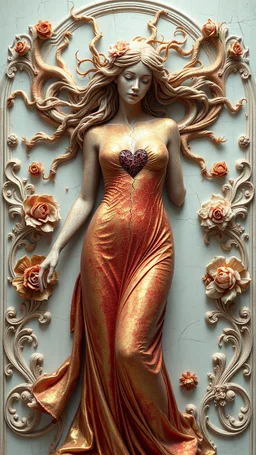 Sebuah karya seni digital bergaya baroque-fantasy yang memadukan estetika patung marmer klasik dengan elemen surealis dan kosmik. Di tengah komposisi, tampak sosok perempuan bergaun merah ke emasan dengan hati retak di bagian dada elegan yang seluruh tubuhnya tampak seperti terbuat dari batu bertekstur retak-retak menyerupai permukaan bumi yang kering. Rambutnya mengalir ke segala arah menyerupai akar atau gelombang, menciptakan kesan gerakan yang dinamis. Ia dikelilingi ornamen bunga dan ukiran
