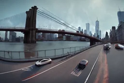 A Tesla's 'Model S' is drifting at top speed, on the 'Brooklyn Bridge' in New York. CINEMATIC. WIDE ANGLE LENS. PHOTO REAL.