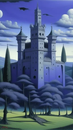A purple Transylvanian vampire castle painted by Rene Magritte