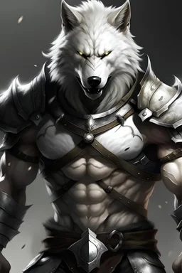 白色毛发的狼人，肌肉发达，身穿铠甲