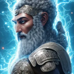 symetrical, centered, ultra detailed, digital art, in center is a portrait of highly detailed greek colossus god surrounded by quantum galaxy codes seeking knowledge, detailed face, dominating colors = gray light blue, lightning, smoke, destruction